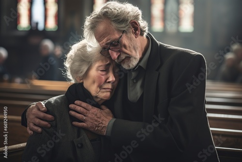 a funeral sad elderly couple crying in church photo