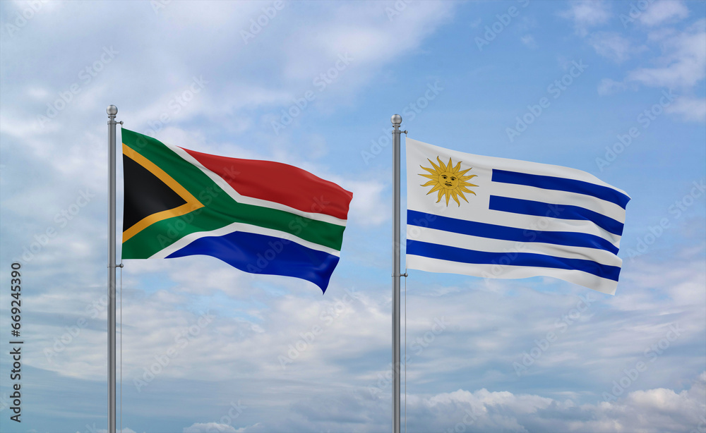 Uruguay and South Africa flags, country relationship concept