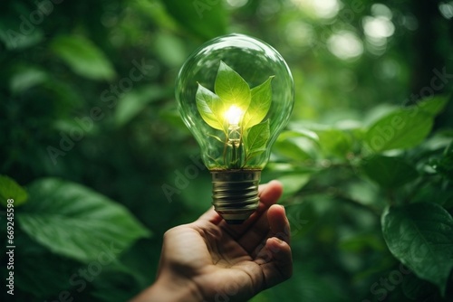 Hand Holding Light Bulb Against Green Leaves: Ecology Concept