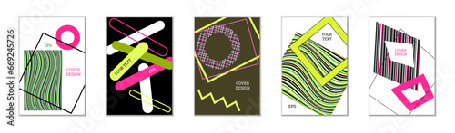 Geometric cover design, set of 5 covers. Abstract unusual background in Memphis style. Bright geometric shapes in random order