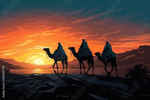 Silhouette of Three wise men and camel caravan at desert. Generative AI.