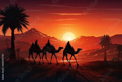 Silhouette of Three wise men and camel caravan at desert. Generative AI.