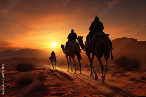 Silhouette of Three wise men and camel caravan at desert. Generative AI.