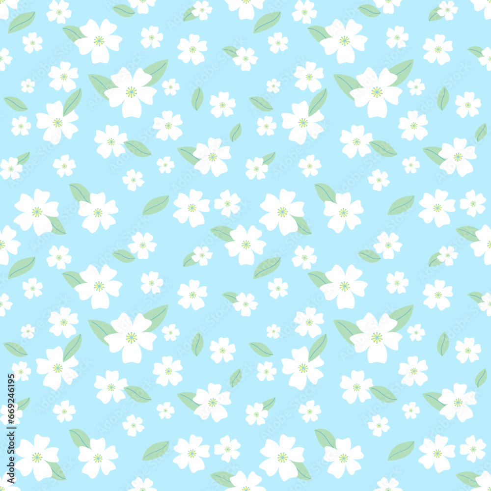 Seamless pattern of white flowers, floral and leaf in blue background for design, decoration, paper wrap