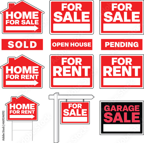 Home "For Sale" and "For Rent" Vector Set of Yard Signs for Commercial real estate and Personal House use. Area for Phone Number and bonus Garage Sale Sign Art.