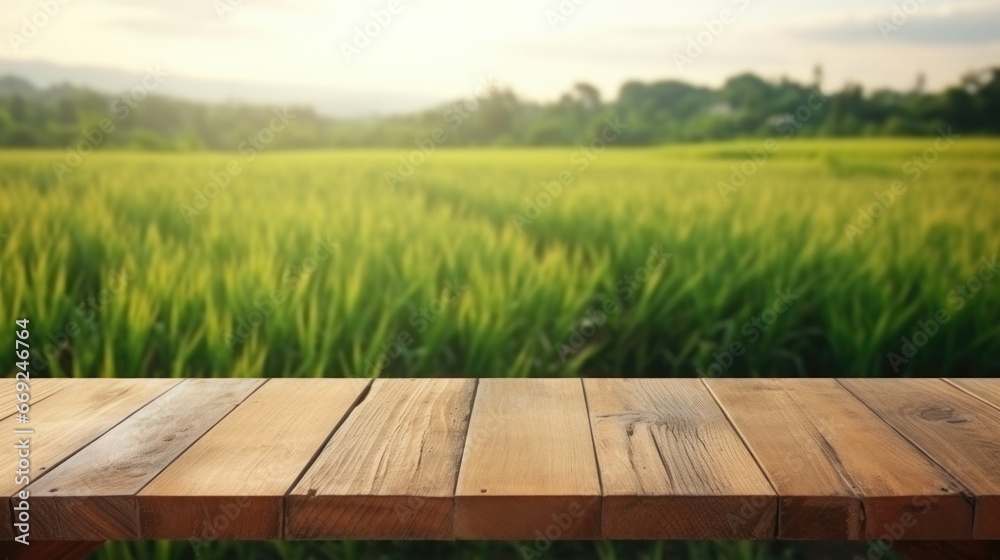 Empty wooden table top with a background of green rice fields Out-of-focus bokeh Templates for displaying products Empty wooden table top with a background of green rice fields Out-of-focus bokeh Templates for displaying products