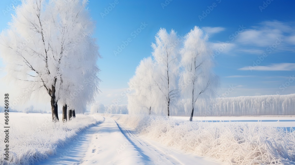 Obraz premium A dirt road meandering through a snowy farmland, leading to a frost-covered woodland, all beneath a serene blue sky adorned with white fluffy clouds