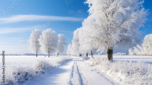 A dirt road meandering through a snowy farmland, leading to a frost-covered woodland, all beneath a serene blue sky adorned with white fluffy clouds