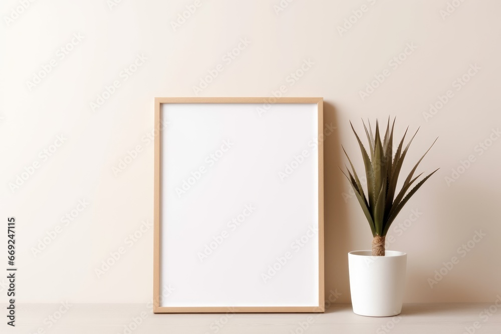 Blank picture frame with flower on white wall