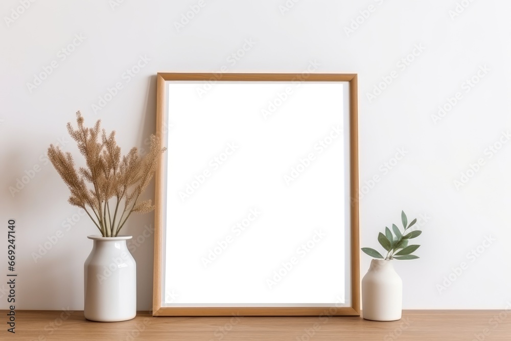 Blank picture frame with flower on white wall Blank picture frame with flower on white wall