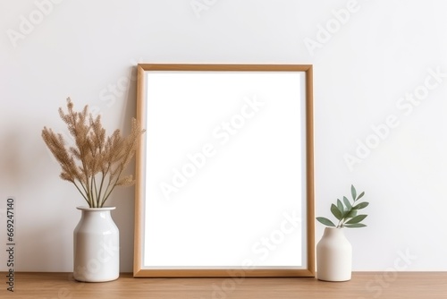 Blank picture frame with flower on white wall