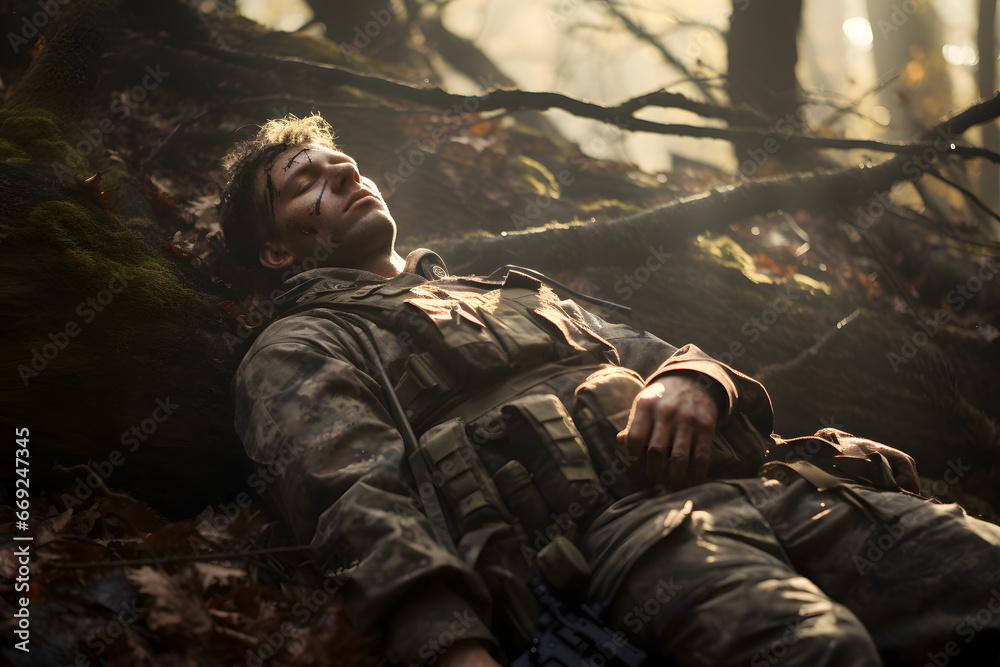 dirty tired soldier sleeps on tree roots in deep forest at autumn evening. Neural network generated image. Not based on any actual person or scene.