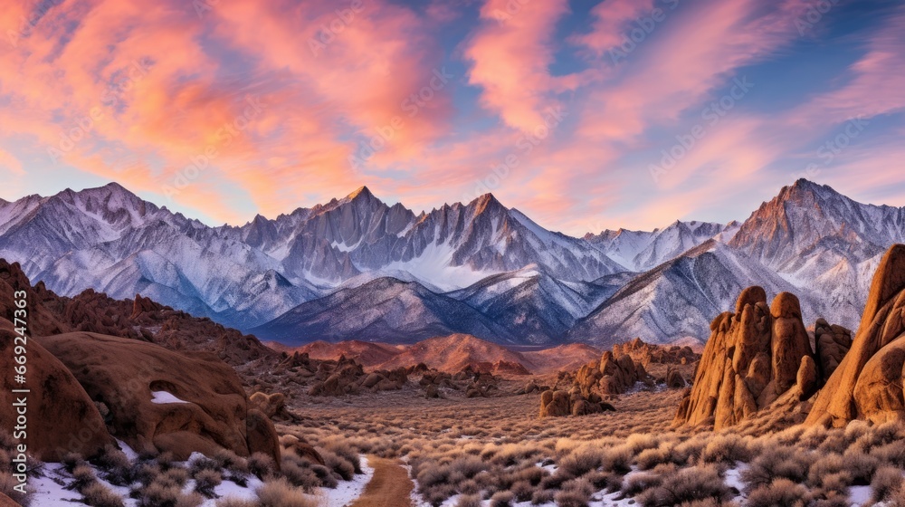 The sunrise over the Eastern Sierra Nevadas, casting its golden light on the Alabama Hills National Scenic Area in California, USA