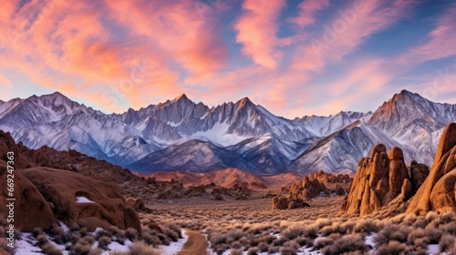 The sunrise over the Eastern Sierra Nevadas  casting its golden light on the Alabama Hills National Scenic Area in California  USA