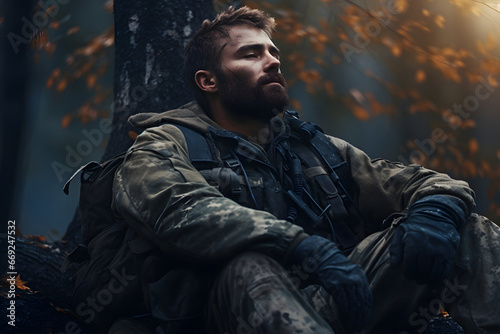 dirty tired soldier sleeps sitting on deep forest floor at autumn evening. Neural network generated image. Not based on any actual person or scene.