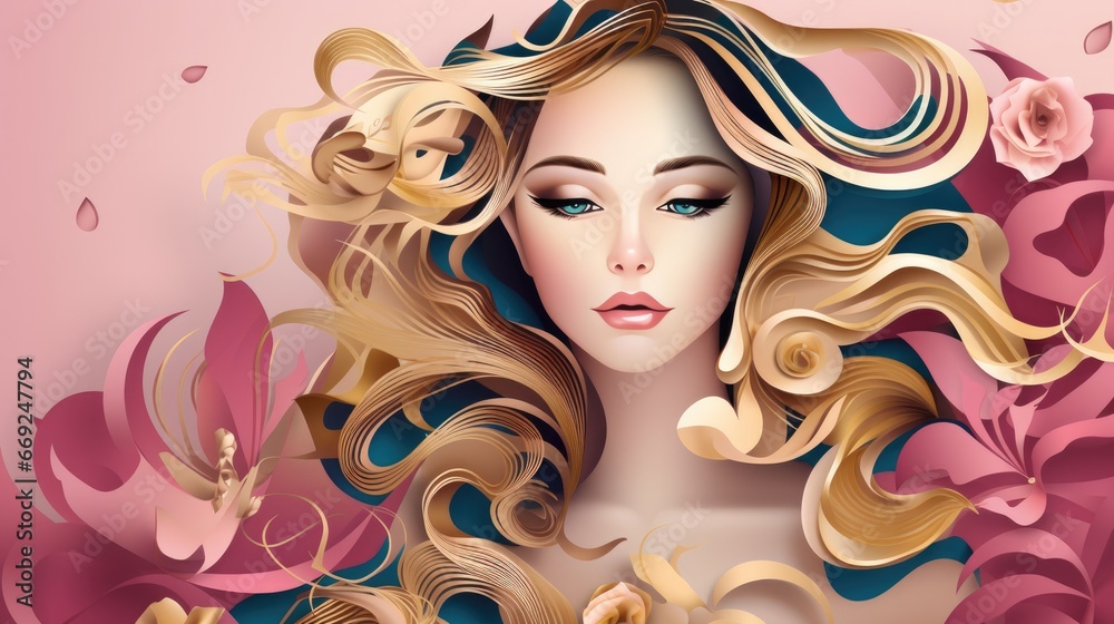 Paper Cut Gold pink color of young woman beautiful background abstract art vector Paper Cut Gold pink color of young woman beautiful background abstract art vector