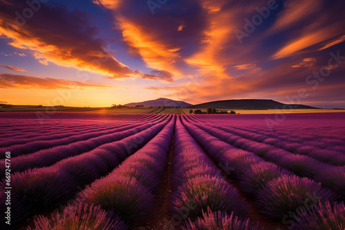 Beautiful sunset sky over rows of purple lavender in a field