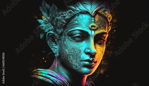 Lord krishna face neon signage ultra wallpaper image AI generated art © Biplob