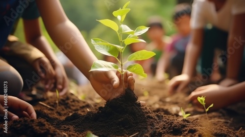 Teachers and elementary school children are planting trees together. Anurak nature It is a way to cultivate good conscience in children. photo