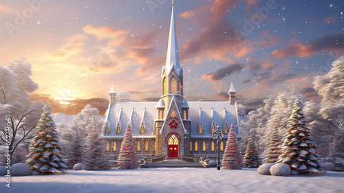 Christian church during snowy freezing winter season, concept of religion and christianity