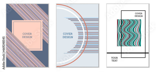 Geometric cover design, set of 3 covers. Abstract unusual background in Memphis style. Bright geometric shapes in random order
