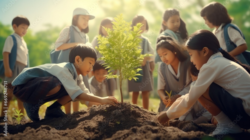 Fototapeta premium Teachers and elementary school children are planting trees together. Anurak nature It is a way to cultivate good conscience in children.