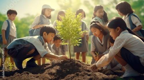 Teachers and elementary school children are planting trees together. Anurak nature It is a way to cultivate good conscience in children.
