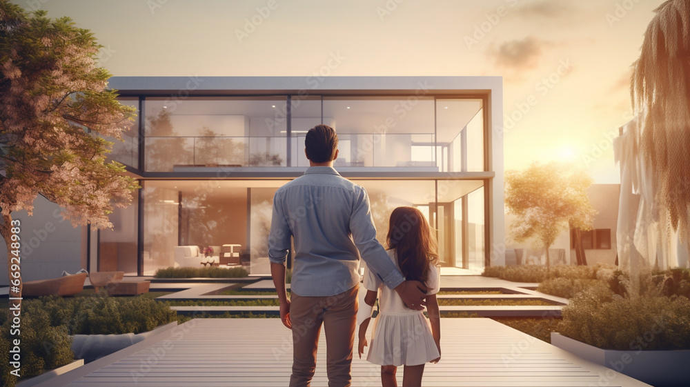 Family looking at newly purchased home, concept of investing and home ownership 