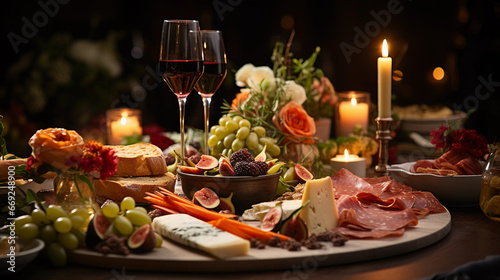 elegant dining table with a lot of appetizers such as wine and grapes