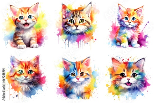 A set of six kittens painted in different colors  watercolor clipart on white background.