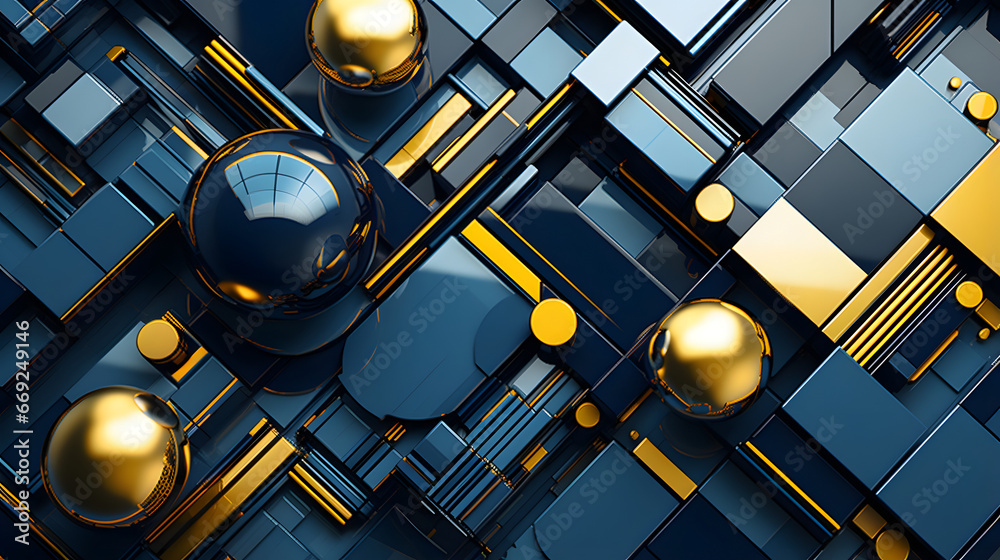 abstract background of 3D photorealistic gloss spheres and cuboid shapes in blue and yellow colors. Neural network generated image. Not based on any actual scene or pattern.
