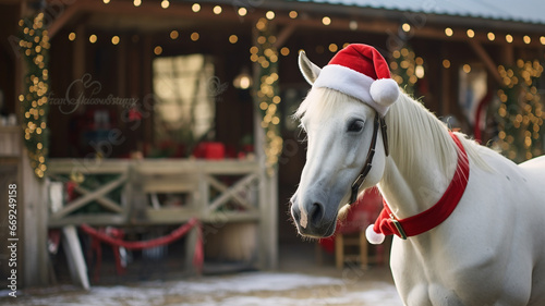 Cute horse animal outdoor during winter christmas season photo