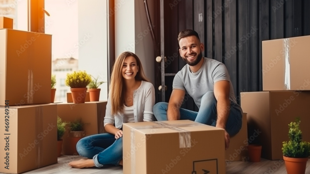 Young couple move in new home. Cardboard boxes on the floor in new apartment. Concept of mortgage, family, real estate and home loan. Moving day Young couple move in new home. Cardboard boxes on the floor in new apartment. Concept of mortgage, family, real estate and home loan. Moving day
