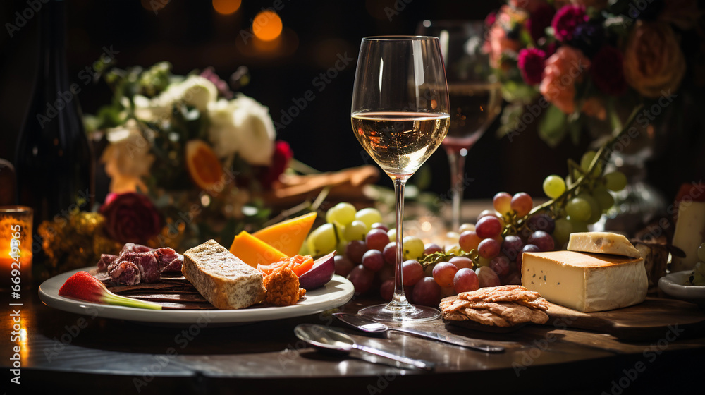 elegant dining table with a lot of appetizers such as wine and grapes