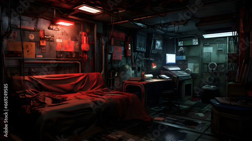 Messy and dark hi-tech cyberpunk hacker hideout room. Neural network generated image. Not based on any actual person or scene. © lucky pics