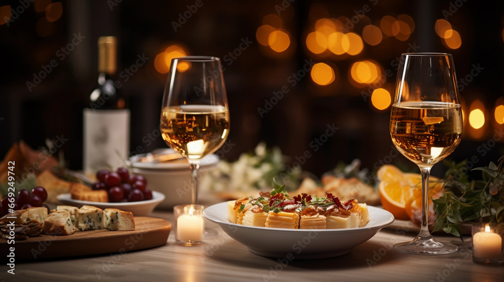 elegant dining table with a lot of appetizers such as wine and grapes