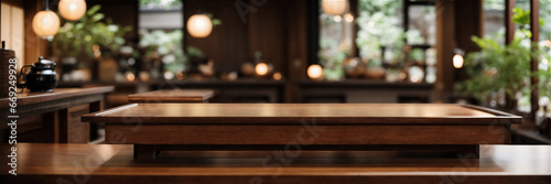 A serene Zen-inspired scene featuring a rustic wooden table with an empty board for mockups product displays, offering ample space for banner copy. Generated Ai