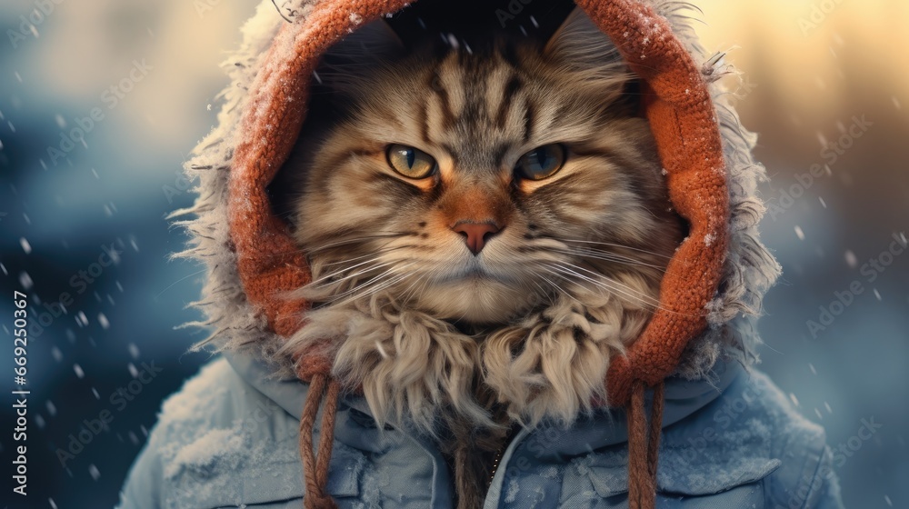 Cute cat wearing warm clothes scarf hat jacket wallpaper background - obrazy, fototapety, plakaty 