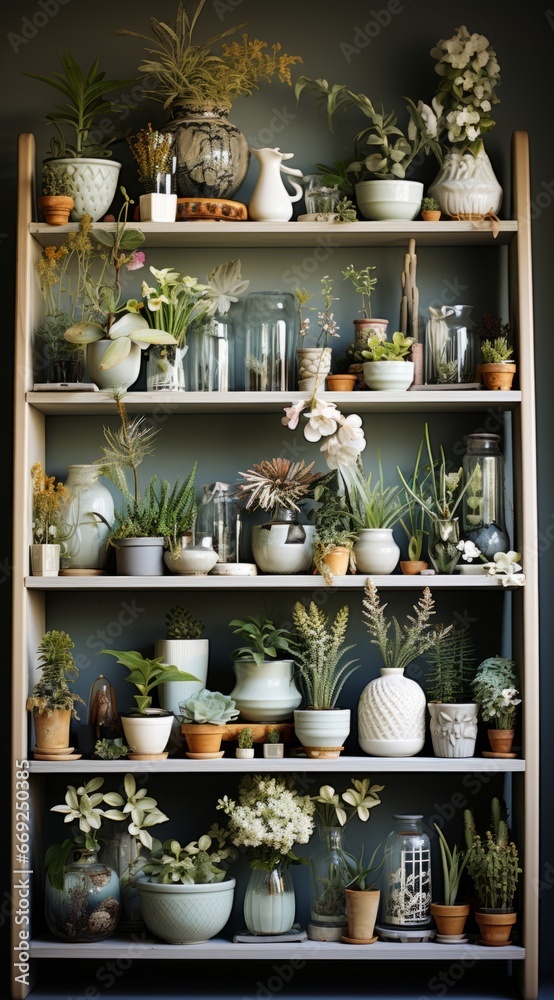 Greenery display on wooden shelves Greenery display on wooden shelves