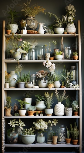 Greenery display on wooden shelves