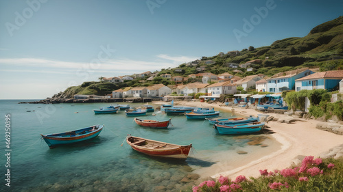 Idyllic Coastal Village with Colorful Fishing Boats Under Azure Sky