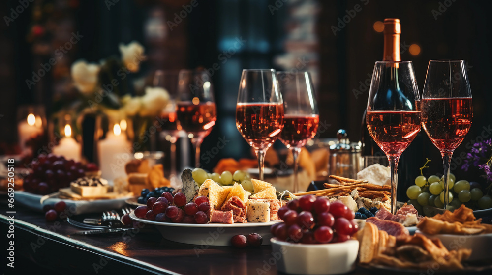 elegant dining table with a lot of appetizers such as wine and grapes