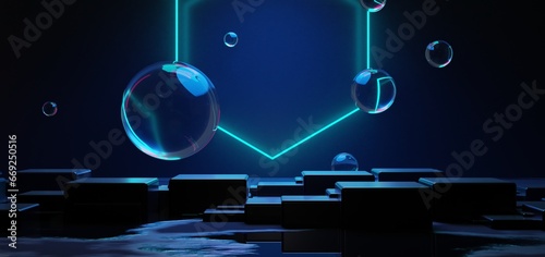 futuristic gaming esports background abstract wallpaper, cyberpunk style scifi game, stage concert scene in pedestal display room, led neon glow light, 3d illustration rendering