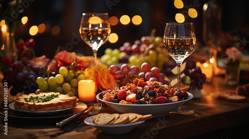 elegant dining table with a lot of appetizers such as wine and grapes