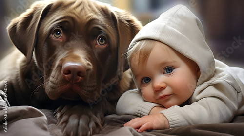 baby with dog, face poses, babysitter dog