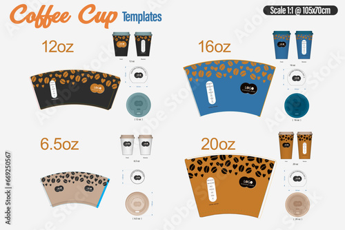  Paper Coffee Cup Template sleeve sample 6.5oz, 12oz, 16oz, 20oz Die Cut - Templates eps die-cut