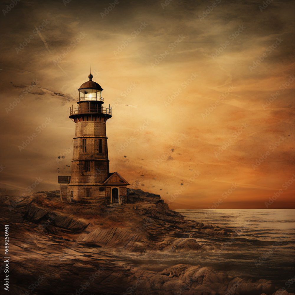 Old Western Style Lighthouse Illustration in Warm Antique Colors, Deserted Spooky Environment with Dry Texture