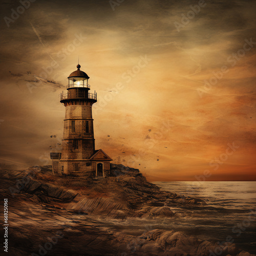 Old Western Style Lighthouse Illustration in Warm Antique Colors, Deserted Spooky Environment with Dry Texture