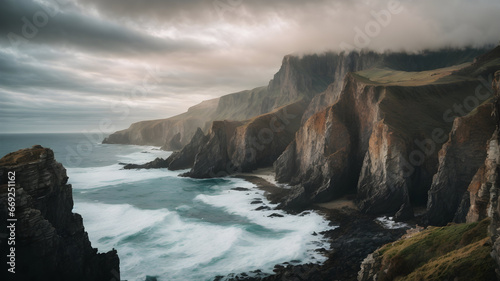 Dramatic Cliffs and Rugged Coastline with Crashing Ocean Waves