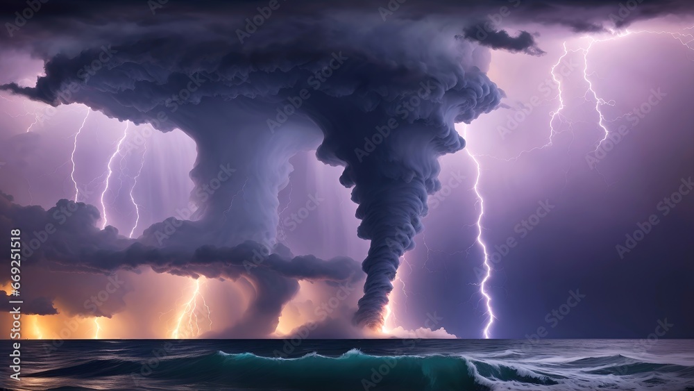 Big waterspout with storm and lightning. Tornado. 4K - 8K - 12K TV. Generative AI. - obrazy, fototapety, plakaty 